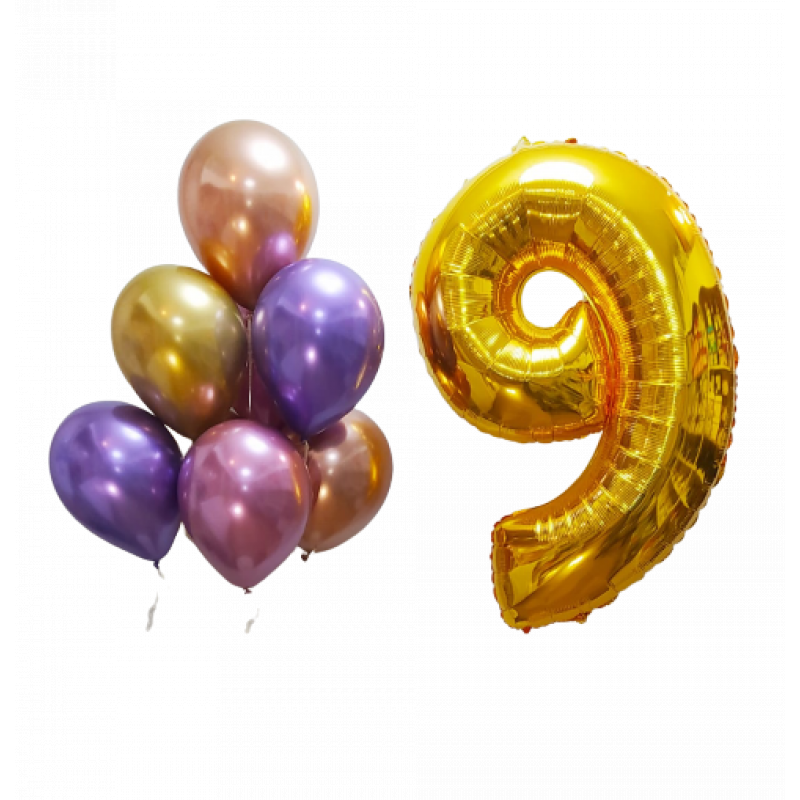 Фонтан из шаров "С Днем рождения-9 золото", шары латекс-хром 30 см 8 штук , цифра 9 золото 102 см. 987465 .МС